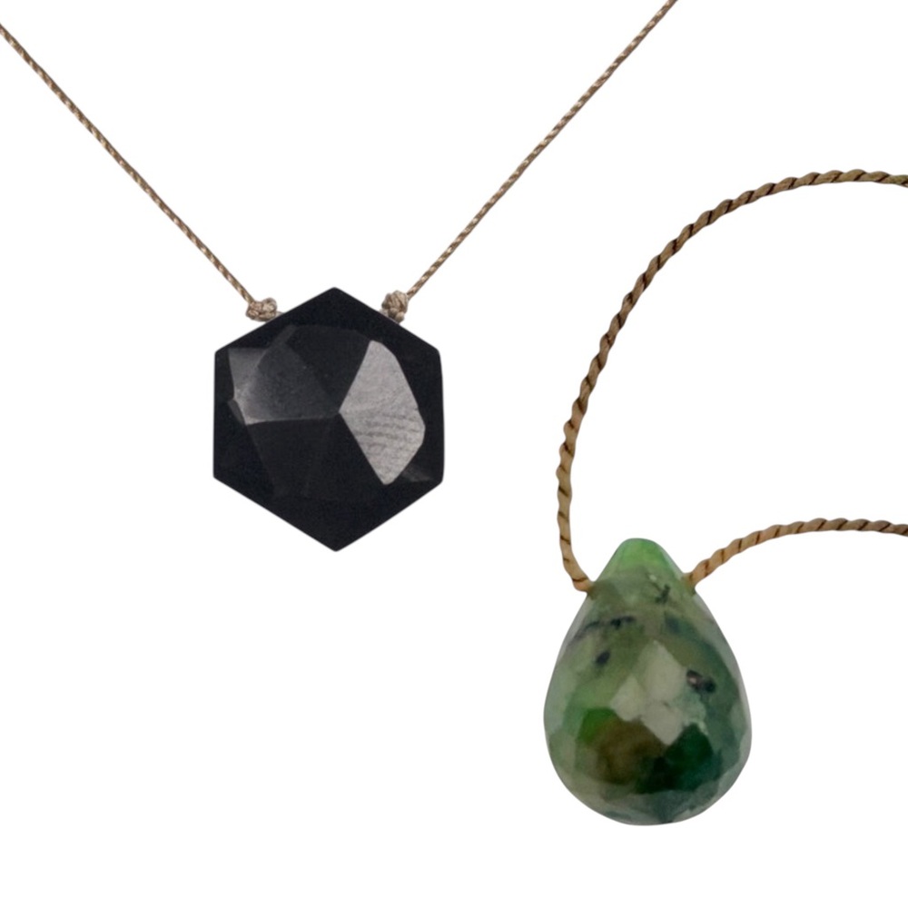 Black Spinel Geometry 925 Sterling & Green Teardrop Cord Necklaces Bundle of 2